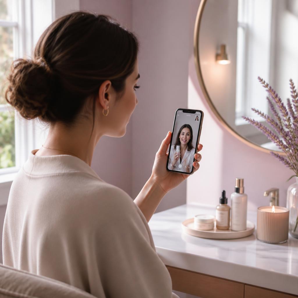 Client on a video consultation with her esthetician from her phone at home