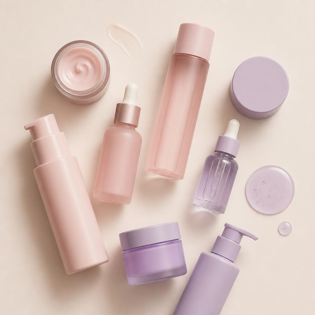 Flat lay of professional SkinScript RX style serums, creams and cleansers
